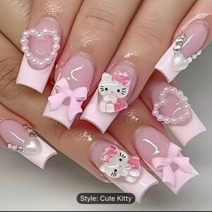 Sanrio Hello Kitty Medium Coffin Pink Bows & White Heart Gems Press on Nails 24